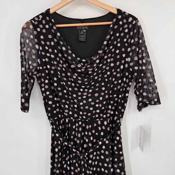 Enfocus Studio Black  Beige Polka Dot Cowl Neck Dress mesh Size 8 new - Picture 4 of 13